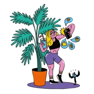 Illustration einer Fitness-Influencerin vor einer Topf-Pflanze