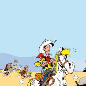 Lucky Luke Comic-Cowboy reitet auf dem Pferd durch die Wüste