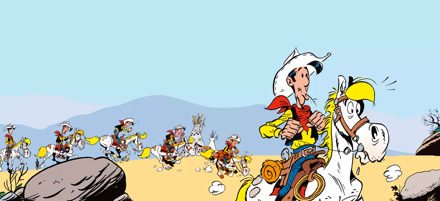 Lucky Luke Comic-Cowboy reitet auf dem Pferd durch die Wüste