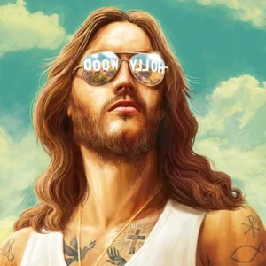 Illustration von Jesus mit Tattoos und Piloten-Sonnebrille.