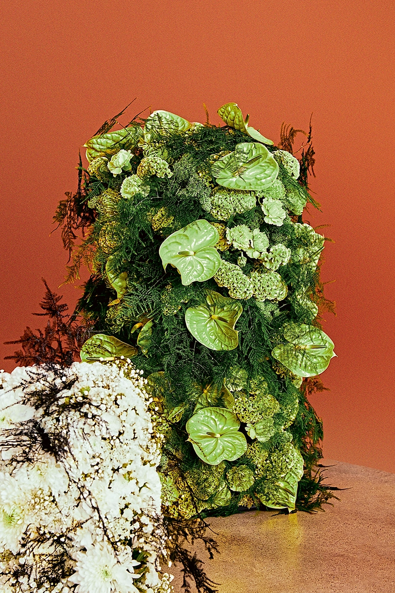 Grünes Blumengesteck vor rotem Hintergrund