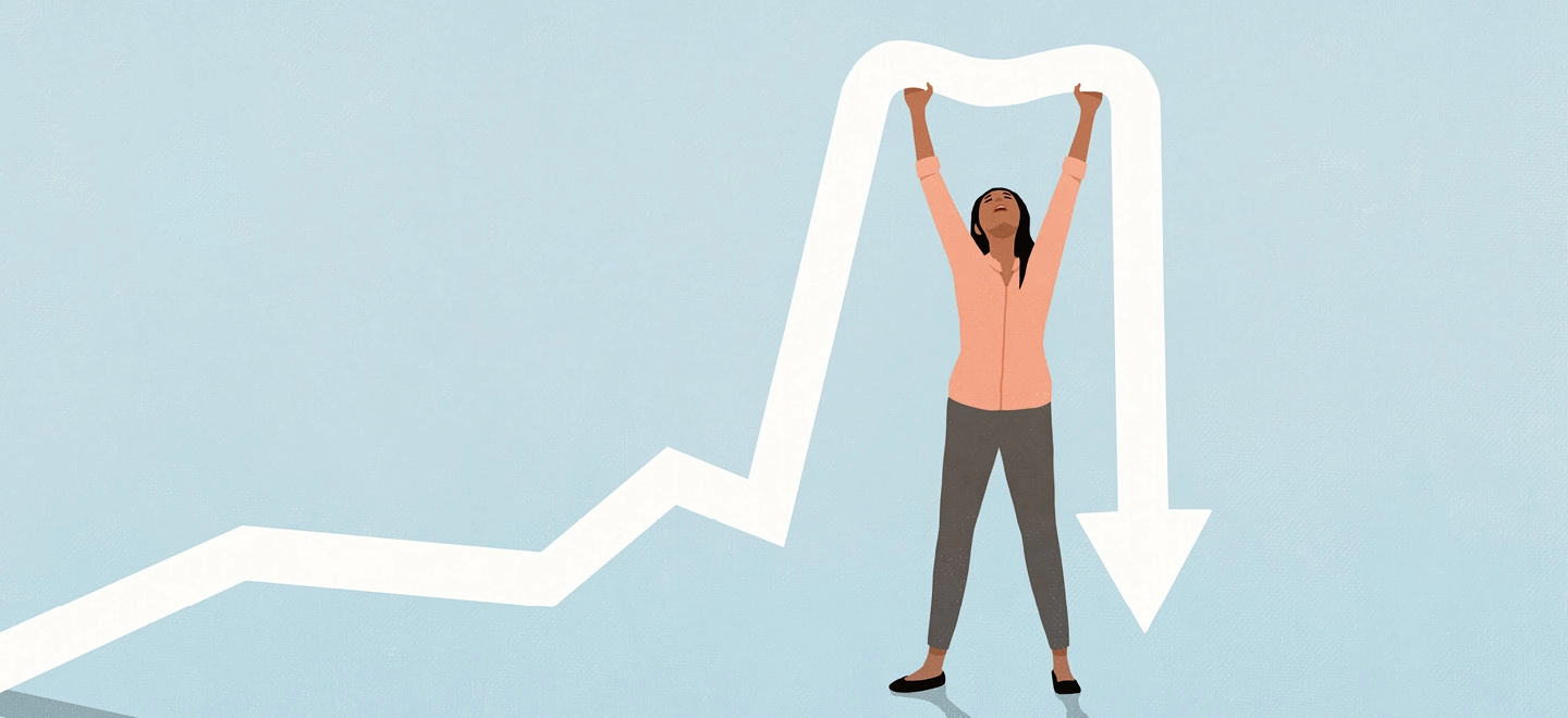 Illustration einer Frau, die einen sinkenden Aktienindex in den Händen hält