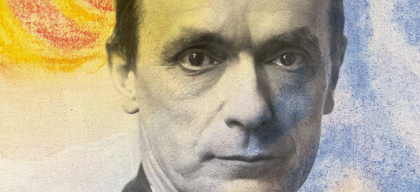 Das Porträt zeigt Rudolf Steiner im Jahr 1916. Die darunter liegende Pastellzeichnung hat der Anthroposoph 1922 angefertigt, ihr Titel: „Mondaufgang“.