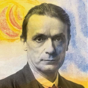 Das Porträt zeigt Rudolf Steiner im Jahr 1916. Die darunter liegende Pastellzeichnung hat der Anthroposoph­ 1922 angefertigt, ihr Titel: „Mondaufgang“.