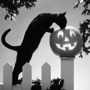 Schwarze Katze beschnuppert einen Kürbis auf einem Zaun